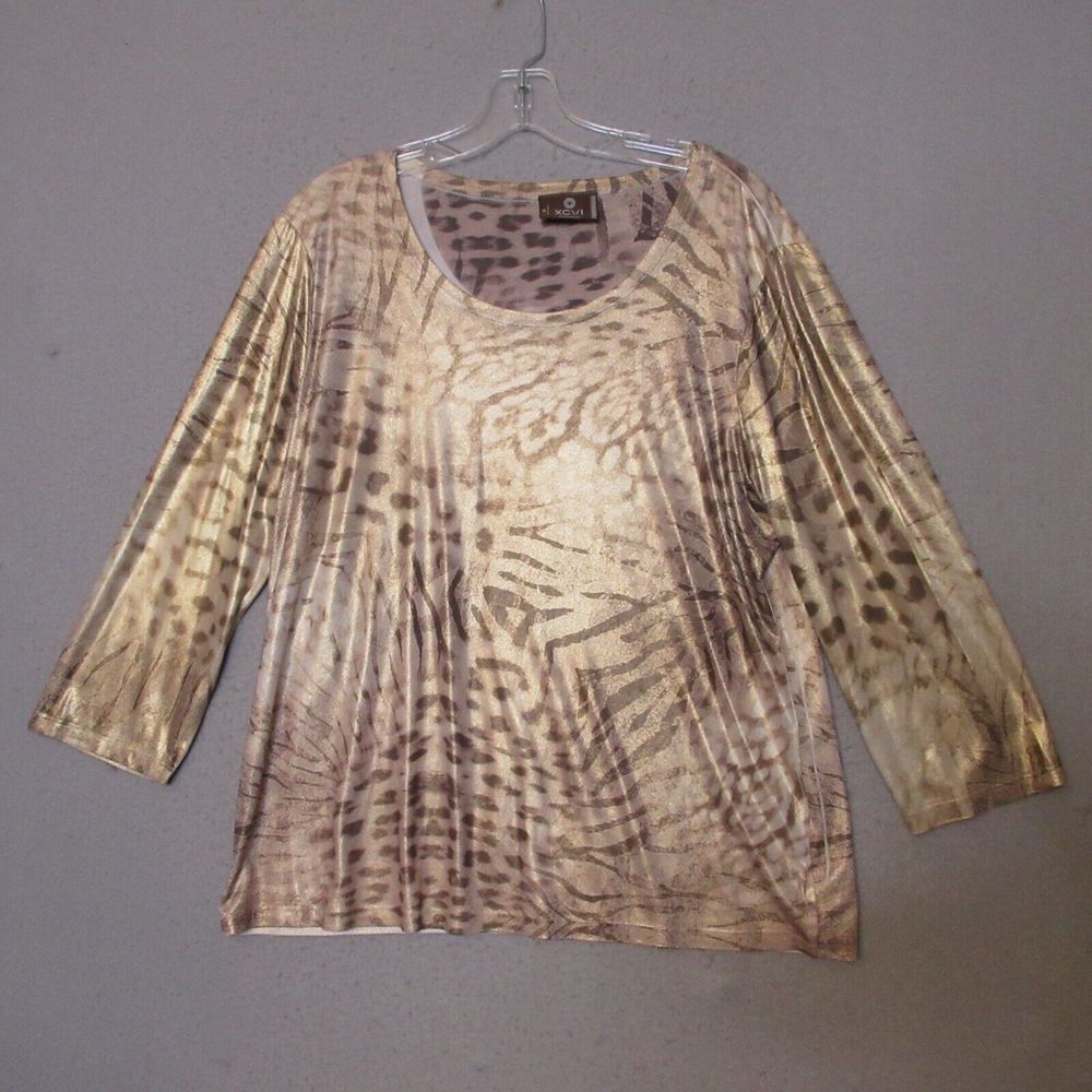 XCVI Top Tunic Women‎ Medium Animal Print Shiny Party Lagenlook Gold Brown
